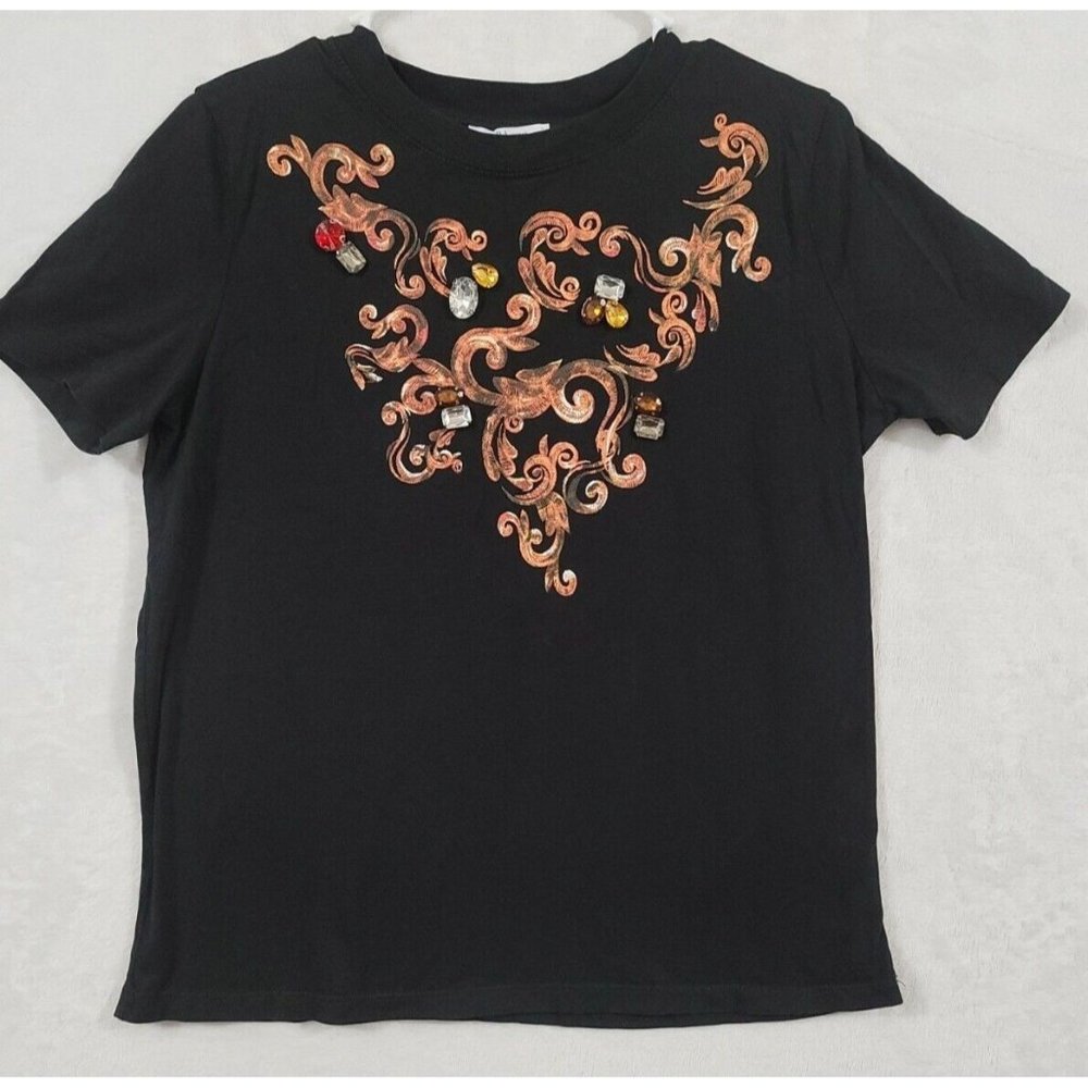 Zara Women's Baroque Style Black T-shirt With BIG Jewel Applique Size Medium